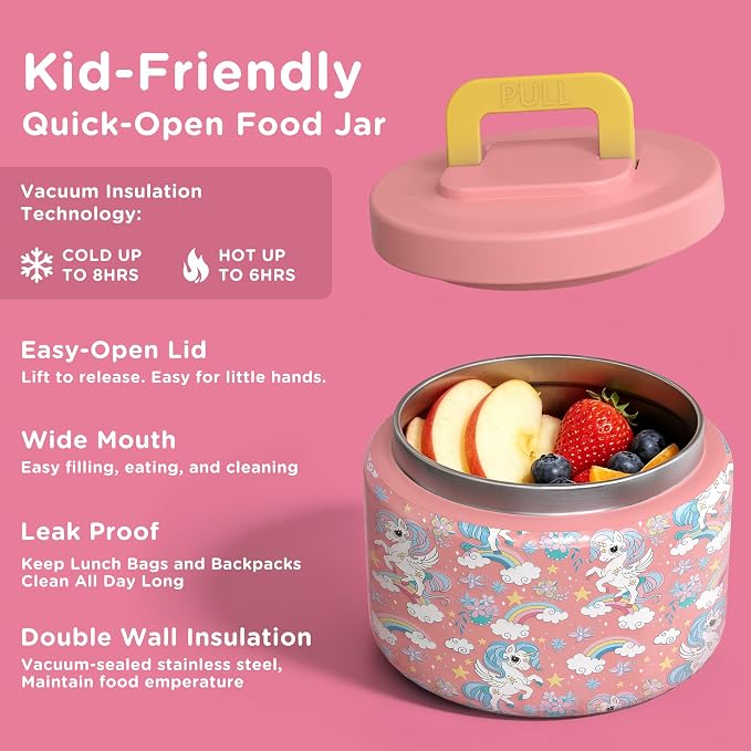 JXXM Bento Lunch Box for Kids With 8oz Soup Thermo,Leak-proof Lunch Containers with 5 Compartment,Thermos Food Jar and Lunch Bag, Food Containers for School (A-Pink(Fantasy Unicorn))