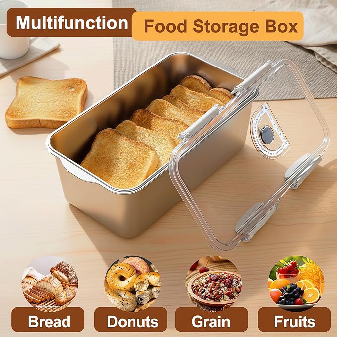 Gifhomfix Bread Box 304 Stainless Steel Bread Container, Dishwasher Safe Bread Storage for Homemade Bread, Time Recording Bread Storage Container with Lid and Handle