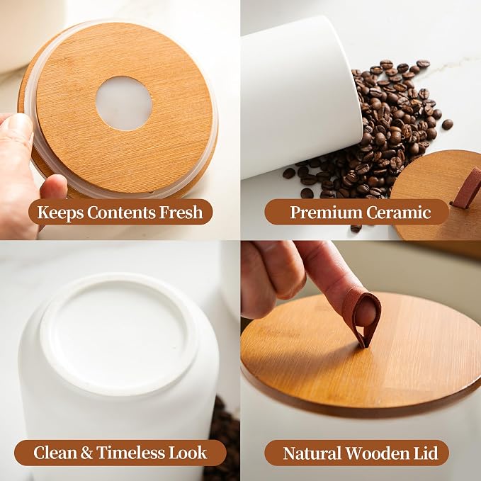 Mowtanco White Ceramic Canister & Jar Set, Airtight Bamboo Lids 3-Piece | 30/48/82 oz airtight storage containers jars for flour, sugar, tea, coffee, pasta, nuts, kitchen counter canister set