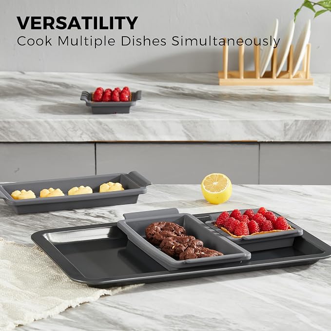 Bakeware Sets, Baking Pans Set with Reusable Silicone Sheet Trays Dividers, Nonstick Oven Pan with Wider Grips, 14-Piece Including Rack, Cookie Sheet, Cake, Loaf, Muffin, Pizza Pan