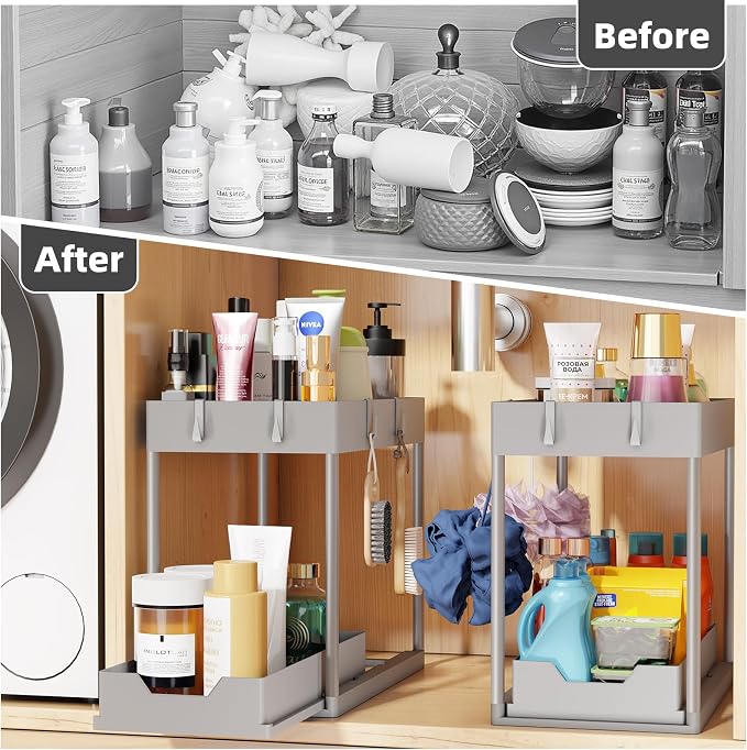 Simple Trending Under Sink Organizer 2 Pack, with Sliding Drawer, Grey | 2-Tier Multi-Use Under Shelf Organizer with Hooks, Sink Pull-Out Sliding Storage Cabinet for Kitchen Bathroom, Easy Assembly