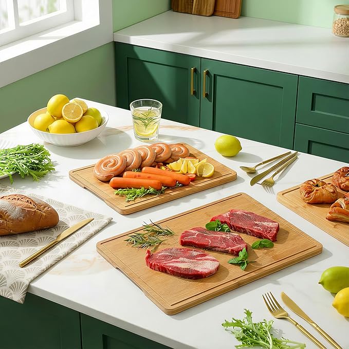 Zarler Bamboo Cutting Boards for Kitchen, 4 Piece Durable Wood Cutting Board with Juice Grooves and Handles, Wooden Chopping Board Set for Meal Prep, XL Size, Ideal Kitchen Gift