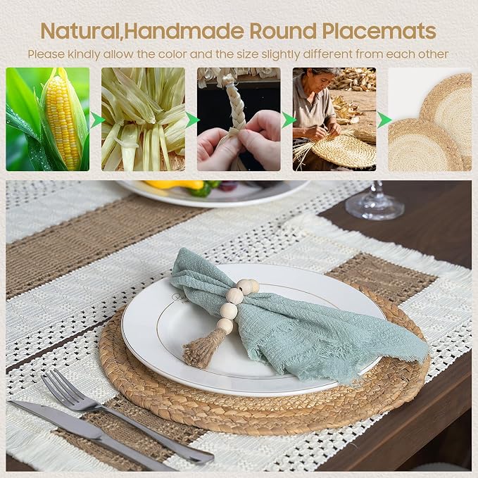 Placemats Set of 4 w/Charger Plates Table Mats Table Runner & Napkin Rings | All in One Placemats,Boho Farmhouse Style Heat-Resistant Non-Slip Protective Round Woven Placemats for Dining Table Décor