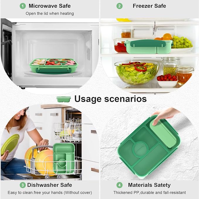 Amathley Bento Box Adult Lunch Box Kids,Lunch Containers for Adults/Kids/Toddler,5 Compartments Bento Lunch Box with Sauce Vontainers,Microwave & Dishwasher & Freezer Safe,BPA-Free (Green)