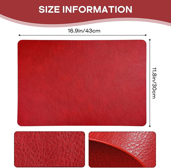 Faux Leather Placemats Set of 6 Heat Resistant Table Mats 17×12 Inch | Waterproof & Wipeable Place Mats Set of 6 Dual Sided Table Placemats for Kitchen Dining Decor Indoor & Outdoor 43×30 CM Red