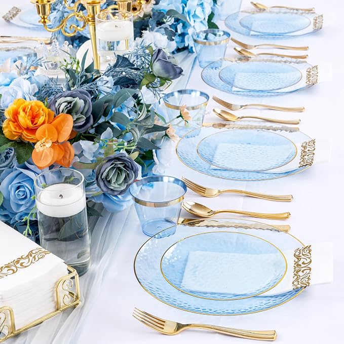 DaYammi 175PCS Clear Blue Gold Plastic Dinnerware Set for 25 Guests, Hammered Disposable Plates for Party, Include: 25 Dinner Plates, 25 Dessert Plates, 75 Gold Silverware, 25 Napkins, 25 Cups