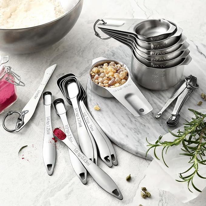 Spring Chef Stainless Steel Measuring Cups and Spoons Set of 20 w/Leveler | Nesting Metal Measuring Cups for Kitchen & Rectangular Teaspoon & Tablespoon Measuring Spoons for Dry and Liquid Ingredients