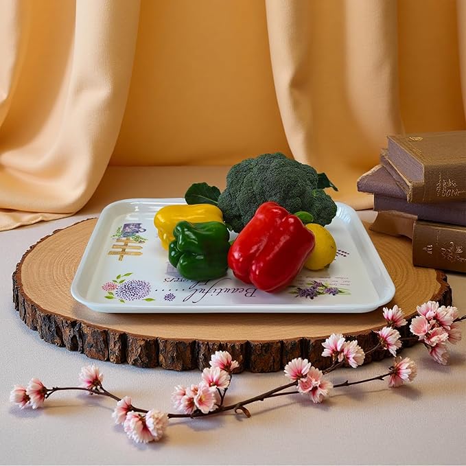 Large Floral Melamine Serving Trays 2 Pack Rectangle Food Platter | Stackable, Reusable, Raised Edge, Rectangular, Easy Clean,For Gift, Party, Decor, Home, Restaurant Use,Household Dining