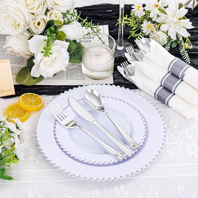 100 Pack Pre Rolled Silver Plastic Silverware with Napkins | Prewapped Rolled Silverware Disposable Wrapped Cutlery Set(100 Forks, 100 Knives, 100 Spoons) for Wedding Party Catering