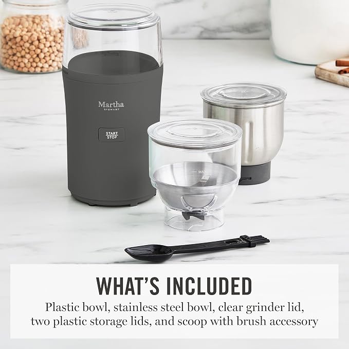 Martha Stewart Electric Coffee & Spice Grinder with Dual Bowls, Caviar Gray | Dual 2.5oz Removable Bowls for Coffee Beans, Nuts, Herbs & Spices, Stainless Steel Blade, One-Touch Pulse Control, Easy Clean