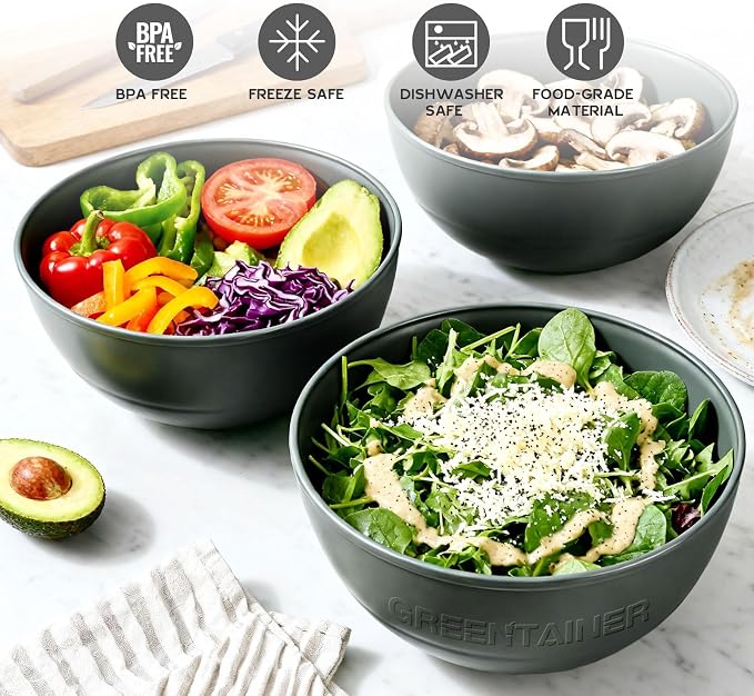 Greentainer 3 Pack Large Plastic Bowls, 135oz Plastic Salad Bowls - Reusable Serving Bowls for Party, Picnic, Entertaining, Kitchen & Outdoor, Microwave & Dishwasher Safe (Grey)