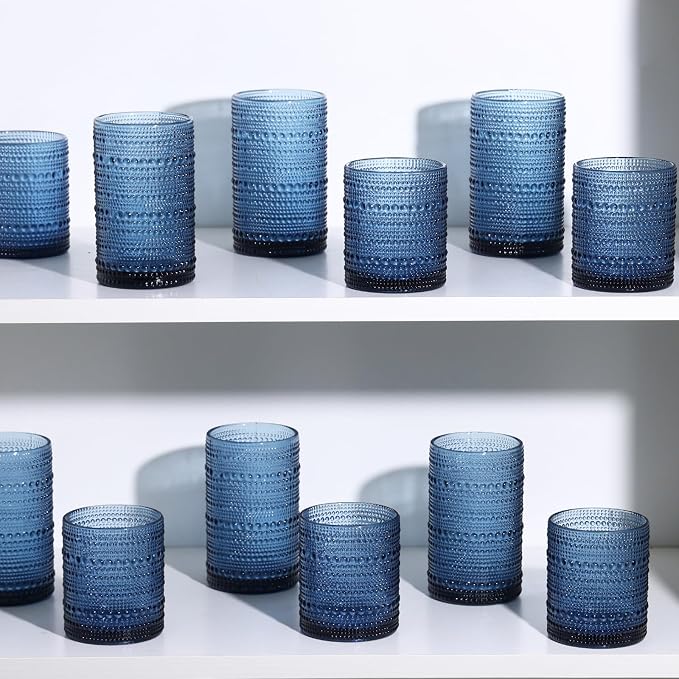 Moretoes Blue Hobnail Drinking Glasses Set of 6, Vintage Glass Cups | 12 Oz Highball Glasses & 10 Oz Cocktail Glasses Embossed Boho Kitchen Bar Tumbler Glassware for Whiskey Beer Juice Milk
