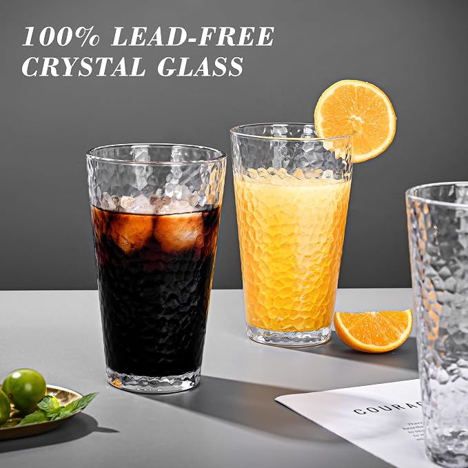 Amyoole Drinking Glasses Set of 8, 16oz Clear Highball Water Glasses | Stackable Lead-Free, Clear Heavy Hammered Glass Cups,Kitchen Drinkware Glassware for Cocktail,Beer,Juice,Iced Tea,Margaritas
