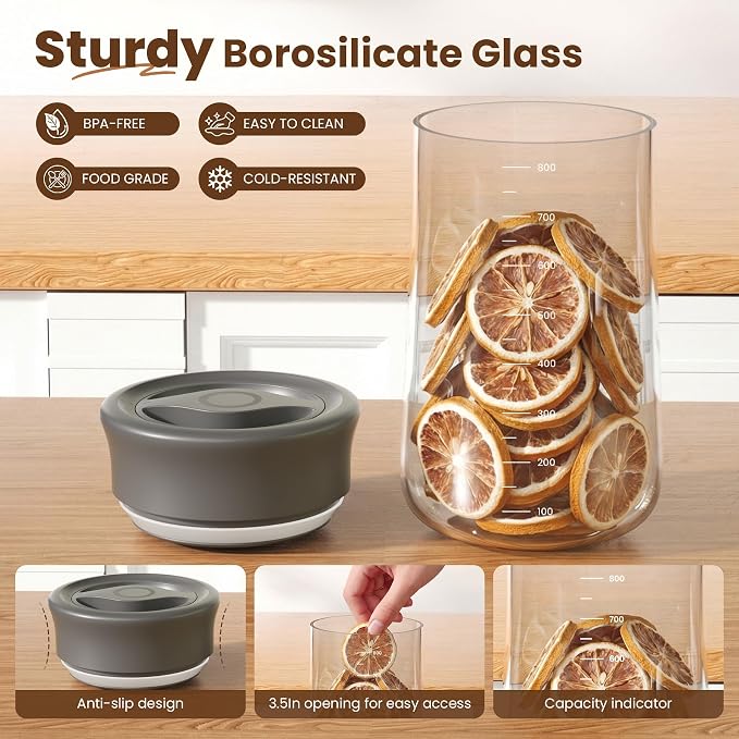 Airtight Glass Storage Jar 27 oz, Easy Open 1/4-Turn Lid Coffee Container | Easy-Open Quarter-Turn Lid, Airtight, Food Grade, Transparency, with Scale