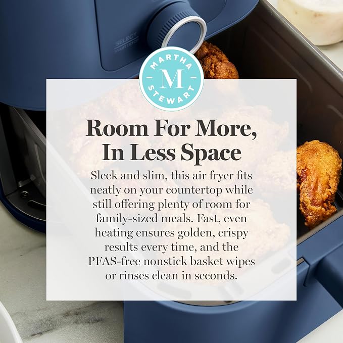 Martha Stewart 6-Quart Air Fryer, 6 Presets, Space Saving, Indigo Blue | 3lb Capacity, PFAS-Free Ceramic Nonstick Basket & Tray, Bake, Roast, Broil, Dehydrate, Reheat, Shake Reminder, Heat up to 400
