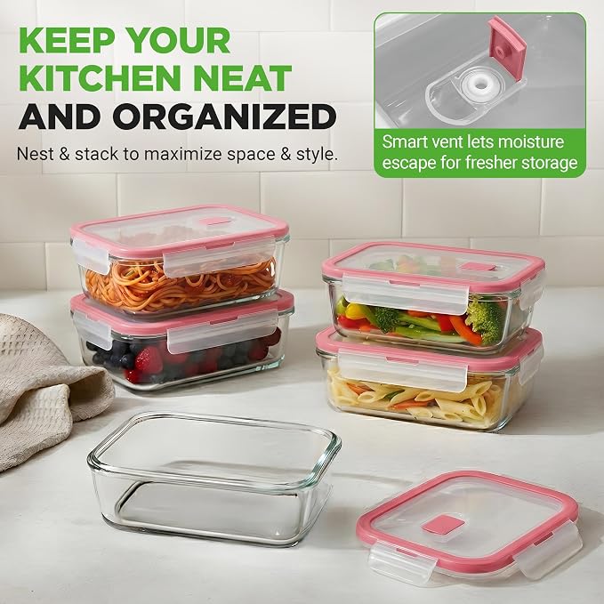 Nutrichef 10-Piece Glass Food Containers - Stackable Superior Glass Meal-prep Storage Containers, Newly Innovated Leakproof Locking Lids w/Air Hole, Freezer-to-Oven-Safe (Red)