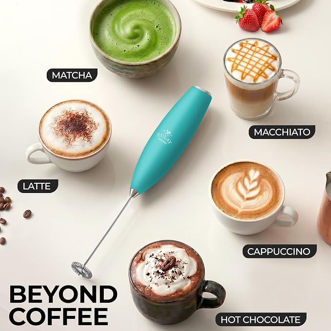 Zulay Powerful Milk Frother for Coffee with Upgraded Titanium Motor - Handheld Electric Whisk, Milk Foamer, Mini Mixer & Coffee Blender for Frappe, Latte, Matcha, No Stand - Pacific Aqua
