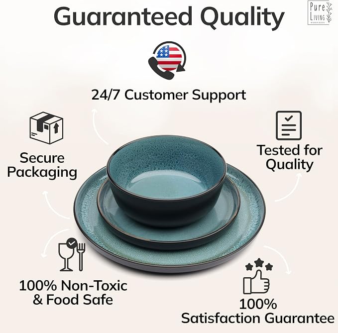 Stoneware Dinnerware Set for 4, 12 Piece Plates and Bowls Set - Handmade Reactive Glaze, Chip & Scratch Resistant Sets - Dishwasher Microwave Safe, Modern Kitchen Dinner Service in Dark Petrol Blue