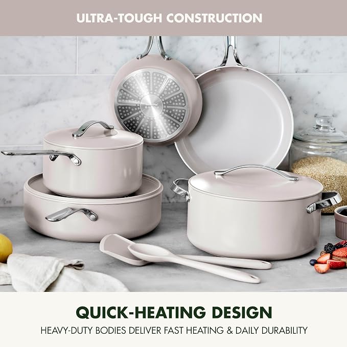 GreenPan Nova 10-Piece Cookware Pots & Pans Set, Oprah’s Favorite Things 2024, PFAS-Free Ceramic Nonstick, Fry, Sauté, Stockpot, Utensils, Lids, Induction Suitable, Dishwasher & Oven Safe, Clay
