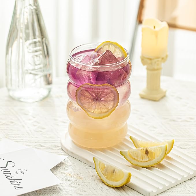 KEMORELA 18oz Wave Shape Beverage Glasses With Straws,Vintage Glass Cups Wine Mugs Set, Ripple Drinking Glasses,for Juice Beer Wine Champagne Cocktail Home Kitchen Bar Mixed Drinks (4PCS)