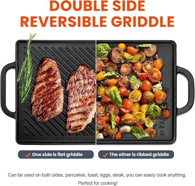 GGC Cast Iron Reversible Griddle | Double-sided Griddle Pan for Stove Tops and Gas Grills, 17"x 9" Rectangle Griddle Plate with Flat and Ribbed Side for Cooking