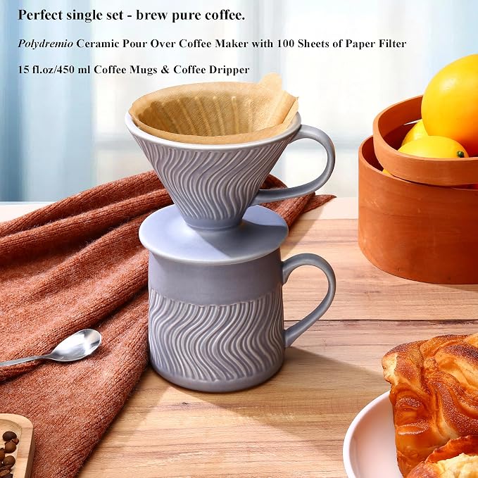 Pour Over Coffee Maker with 100 Sheets of Paper Filter, 15 oz Ceramic Coffee Mug & Ceramic Coffee Dripper, 1 Cup-Single brew coffee set, Purple