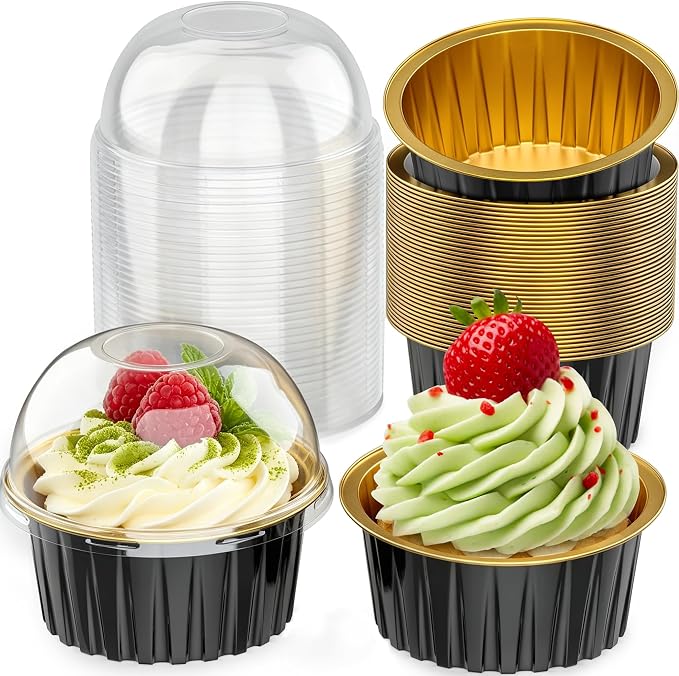 40 Pack Mini Cake Pans with Lids, 5 OZ Round Aluminum Foil Cupcake | Disposable Ramekins Muffin Tin, Cupcake Baking Cups with Lids, Mini Cake Containers Flan Molds for Wedding Birthday Party