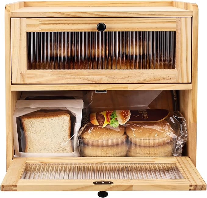 Alpeir Wooden Bread Box for Kitchen Countertop, Large Double Layer, Nature | Food-Safe Pine Wood, Double-Row Ventilation, Strong Acrylic Window, Raised Top Shelf, Easy Care, Farmhouse Corner Container