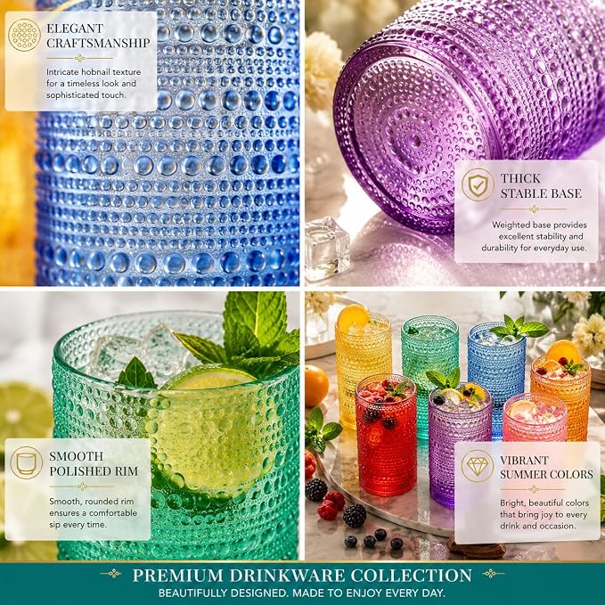 Khen Plastic Hobnail Drinking Highball Glasses Set of 6 Bright Tones Cups 14oz, Shatterproof & Unbreakable Acrylic Beaded Design, BPA-Free, Dishwasher Safe Indoor/Outdoor Drinkware Water, Cocktails