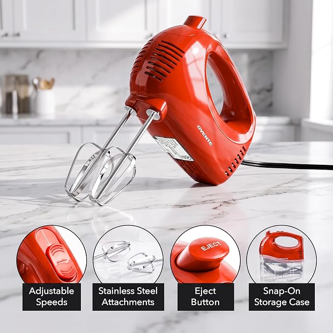 OVENTE 5-Speed Electric Hand Mixer with Storage Case,150W, Red HM151R | Stainless Steel Whisks, Compact Portable Design, Lightweight Handheld Mixer for Baking & Cooking