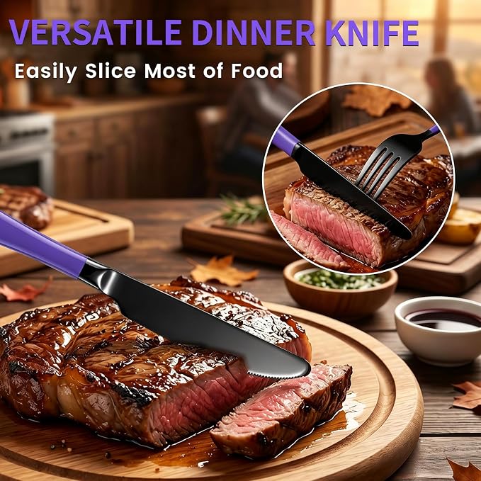 Black and Purple Flatware Set with Holder, 24-Piece Stainless Steel Silverware Set Service for 6, Mirror-Polished Spoons Forks Knives Cutlery Set for Home, Kitchen, Restaurant (Purple-Black)