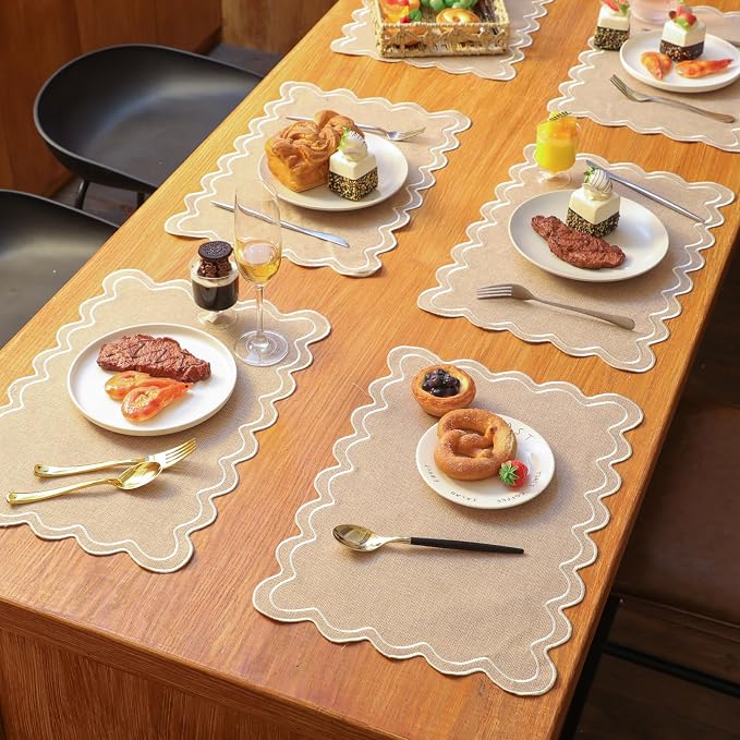Linen Placemats Set of 12 Scalloped Placemat 13 X19 Wavy Embroidery Double Layered Washable Farmhouse Dinner Fabric Table Mat Napkin for Wedding Party Restaurant(Regular,Linen Color)