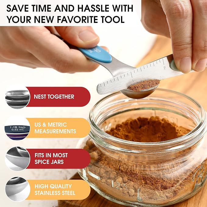 Spring Chef Stainless Steel 8 Magnetic Measuring Spoons Set, Winter Frost | Dual Sided Metal Teaspoon & Tablespoon Measuring Spoons with Leveler for Dry & Liquid Ingredients, Fits in Kitchen Spice Jars