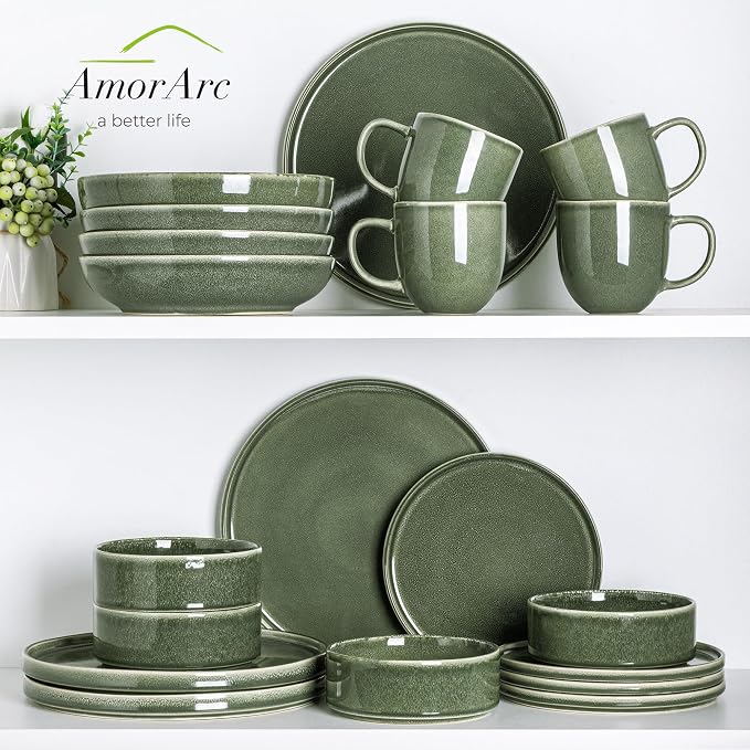 AmorArc Ceramic Dinnerware Sets for 8,24 Piece Plates and Bowls Sets Dishes | Stoneware Handmade Reactive Glaze Dishes Set | Highly Chip and Crack Resistant | Dishwasher & Microwave Safe