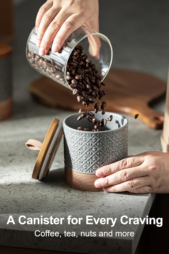 Miamolo Ceramic Jar with Lid, Coffee Grounds Container, Gray & 20 fl.oz | Airtight Coffee Canister, Good Seal Keep Fresh, Wide Mouth Easy Clean | Small for Tea Brown Sugar| for Kitchen Counter, Shelf