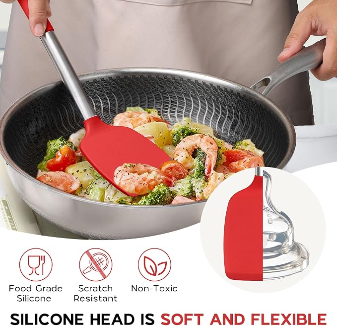 Onader 10 Pieces Silicone Kitchen Utensils Set, Cooking Utensils with Holder and Heat Resistant Stainless Steel Handle for Nonstick Cookware -Red