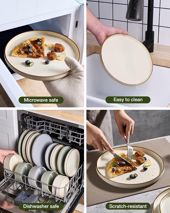 Famiware Stoneware Dishes Dinnerware Sets for 6, Plates and Bowls with Trim | 18pc Ceramic Dinner Set with Lipped Edges, Chip & Scratch Resistant , Microwave & Dishwasher Safe, Everyday Formal Use, Cream