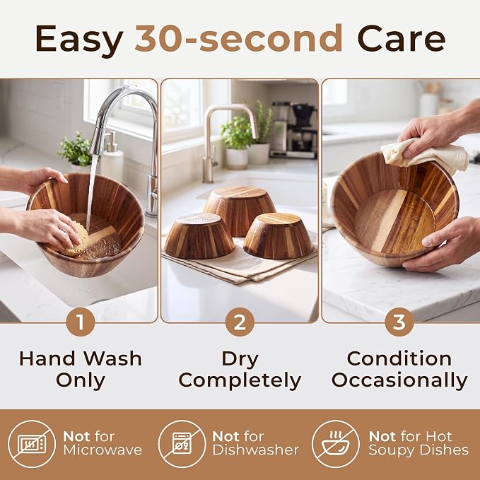 Wooden Salad Bowl Set of 3, Round Wood Bowls for Serving | Large, Medium & Small – Handmade, Durable & Stylish Natural Dining Accessory