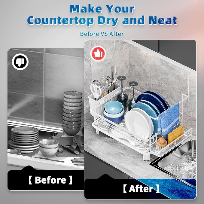 Dish Drying Rack, Stainless Steel-Dish Rack, (white 2 with Sponge Rack) | Dish Racks for Kitchen Counter, Kitchen Dish Drainers with Removable Utensil Holder,New drain outlet,