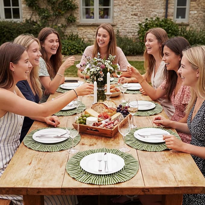 Set of 6 Round Placemats Green Striped Ruffled Circle Placemats 15 Inch Vintage Fabric Farmhouse Boho Rustic Table Mat for Summer Bachelorette Baby Shower Bridal Shower Birthday Party Picnic