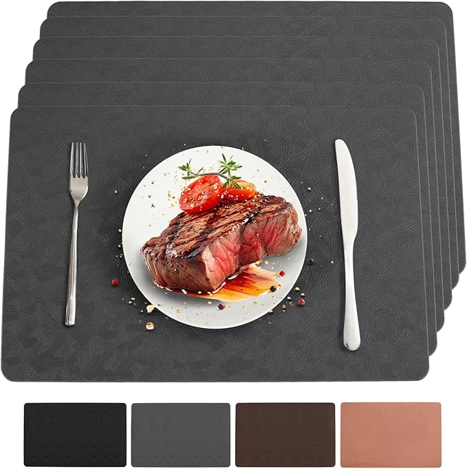 Gray Vinyl Placemats Set of 6 Waterproof Wipeable Table Mats | Heat Resistant Easy Clean Place Mats Faux Leather Table Mats Washable PVC Table Placemats for Dining Table