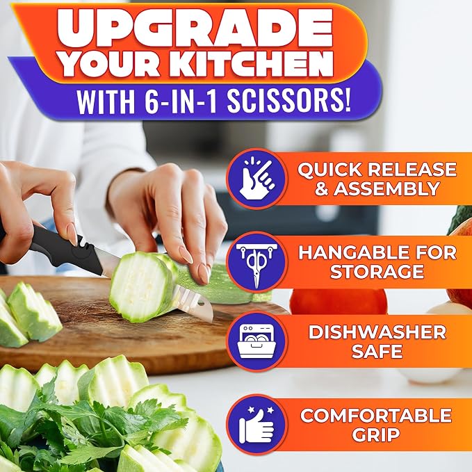 7-in-1 Cutting Board Scissors for Food, Ribbed Blades, Heavy-Duty | 10.4 In Kitchen Scissors with Cutting Board, Spring Assist and Safety Lock; Dishwasher Safe; Suitable for Meat and Vegetables