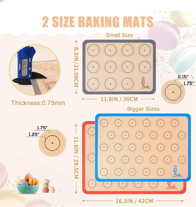 Silicone Baking Mat Macaron Set of 3-2 Half Sheet Liners 1 Quarter Sheet | Non Stick Silicon Cookie Oven Liner For Macaroons, Bake Pans, Pizza, Toaster, Cake and Bread Making (Red,Blue,Gray)