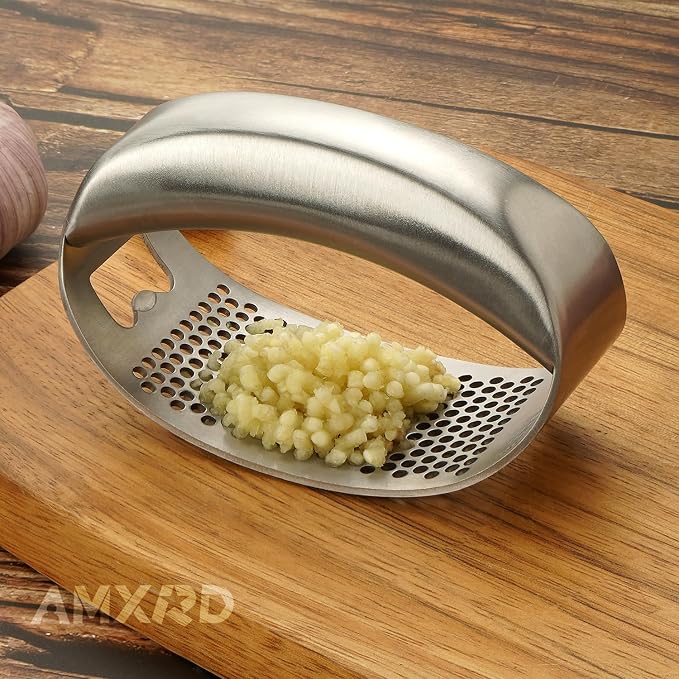 Stainless Steel Garlic Press Rocker & Silicone Peeler | Garlic Mincer Crusher Squeezer, Ergonomic Rocker, Kitchen Tool