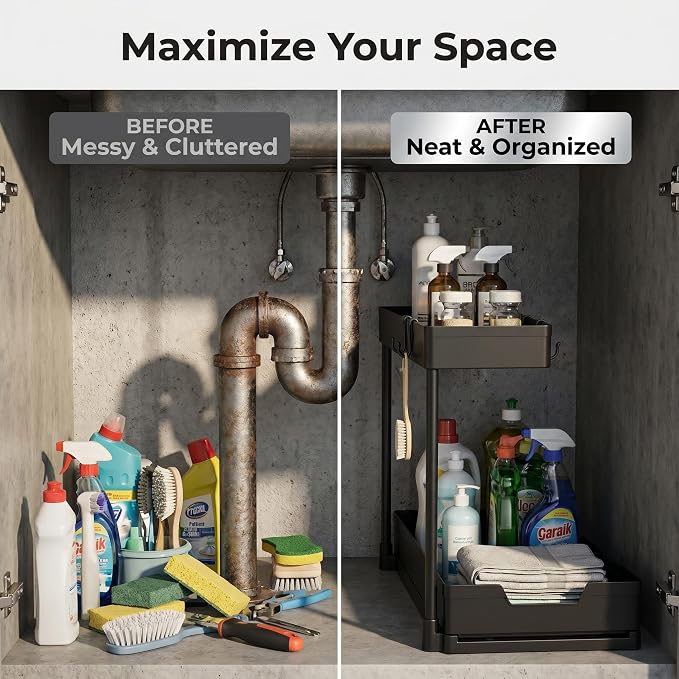 2 Pack Under Sink Organizer L-Shaped, Pull Out Large Capacity Storage | Durable PP Rack with Five Hangers for Kitchen, Bath & Pantry