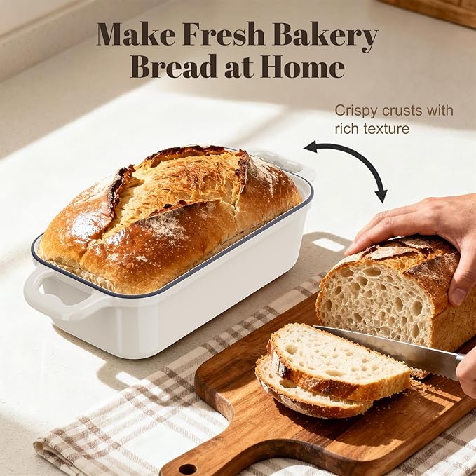Enameled Cast Iron Sourdough Bread Dutch Oven, Cast Iron Loaf Bread Pan for Homemade Bread Baking, 2PCS 8.5 x 4.5 Inch Meatloaf Pan with Lid, Oven Safe, Cream