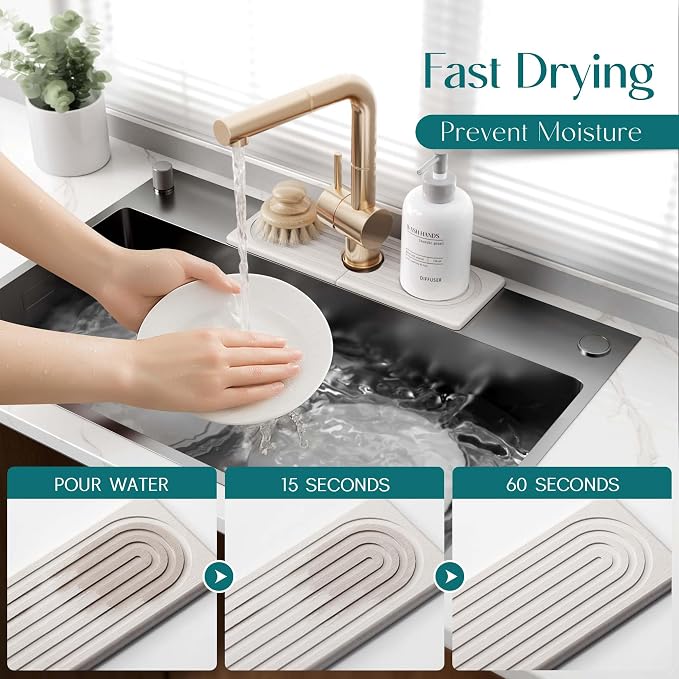 Faucet Mat for Kitchen Sink - Wider Diatomite Fast Drying Stone Sink Tray, Super Absorbent, Prevents Moisture Buildup - Faucet Splash Guard for Bathroom Counter (Light Grey, 15x5.3inch)