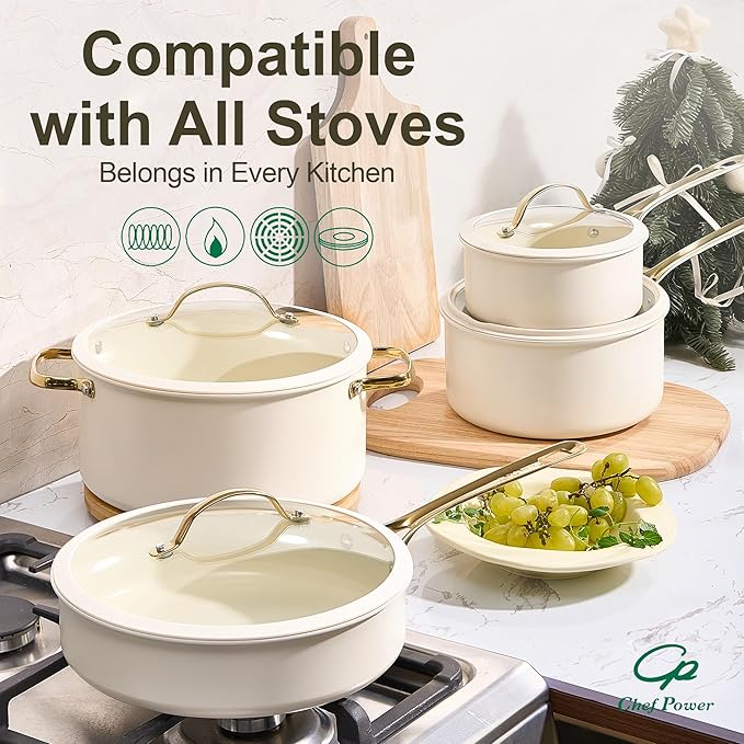 Ceramic Frying Pan with Stainless Steel handle 5Pcs Set, Non Stick Grill Pan Set, Dishwasher and Oven Safe, Cream White and Light Gold Handle