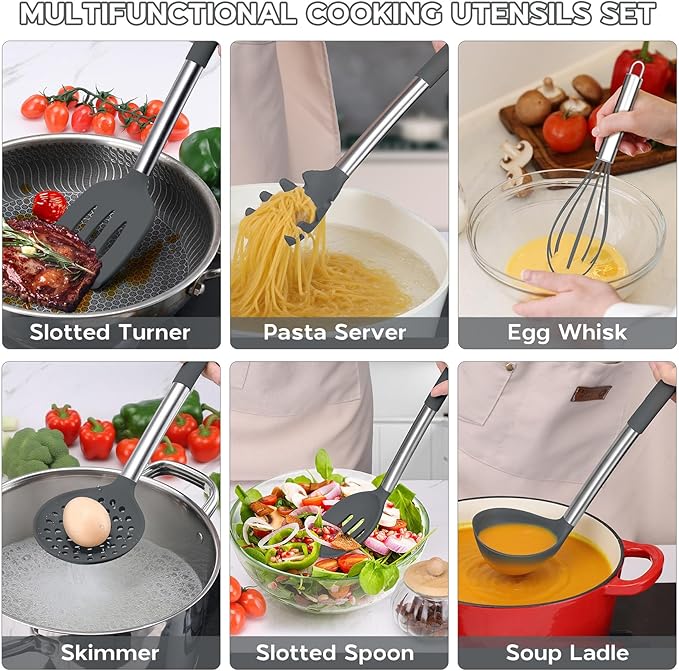 Onader 10 Pieces Silicone Kitchen Utensils Set, Cooking Utensils with Holder and Heat Resistant Stainless Steel Handle for Nonstick Cookware -Gray