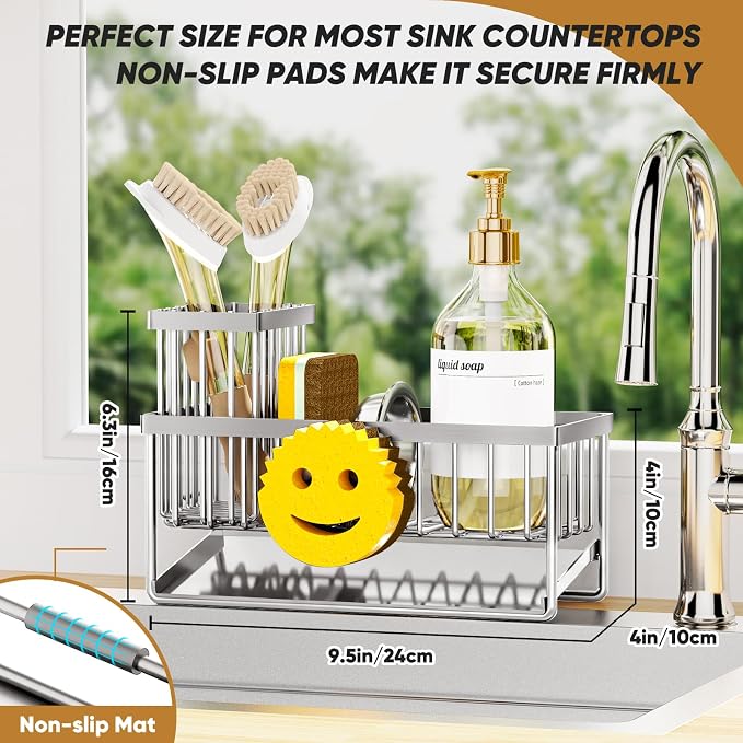 Sponge Holder for Kitchen Sink,Smiley Face Sink Caddy with Removable Brush Holder,Self-Draining Sponge Caddy for Soap,Dish Brush,Scrubber,Kitchen Essentials and Gadgets-Silver